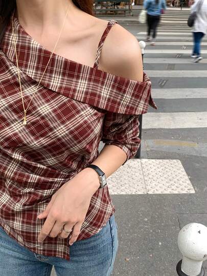 DAZY 1pc Women's Asymmetric Shoulder Strap Asymmetrical Blouse Long Sleeve Women