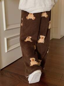 DAZY 女士直筒蓬松舒适睡裤，饰有毛绒小熊印花，适合秋冬季穿着