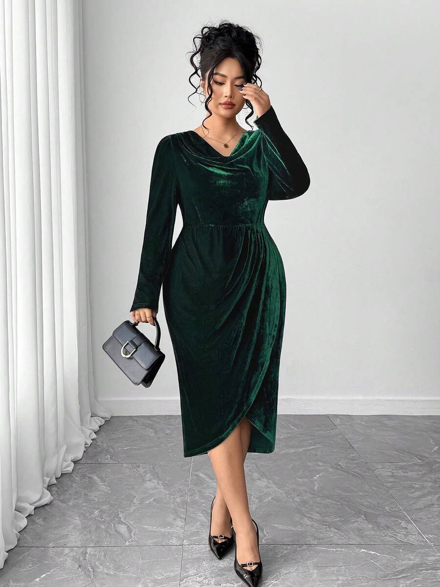 Cravure Vestido plus size elegante para festa, gola redonda, fenda, lantejoulas, estampa de leopardo, patchwork, assimétrico - Multicolorido - Ver 1