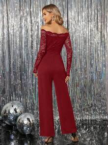 SHEIN Clasi Women's Elegant Party Solid Color Lace Patchwork Off-Shoulder Jumpsuit - Red - View 2