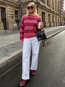 Vivie Lora Women's Casual Everyday Commute Colorblock Striped Pattern Dropped Shoulder Loose Pullover Sweater, Autumn/Winter Long Sleeve Tops - Pink - View 4