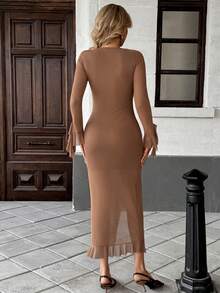 SHEIN PariChic Vestido ajustado de longitud media para mujer en otoño - Café - Ver 2