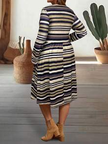 EMERY ROSE Plus Size Women Autumn Long Sleeve Striped Dress - Multicolor - View 5