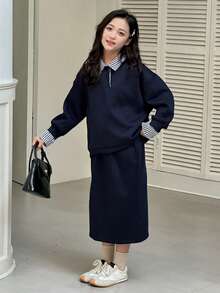 DAZY 2件套少女翻领针织抓绒卫衣+半裙套装，秋季 - 藏蓝色 - 查看 4