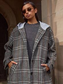 Athîral 女式格纹落肩长款连帽纽扣前开襟长款风衣 - 彩色 - 查看 7