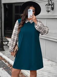 SHEIN LUNE 大码女式秋冬格子图案撞色袖衬衫领长袖休闲连衣裙感恩节装扮节日派对连衣裙女式派对连衣裙 - 寶藍色 - 查看 4