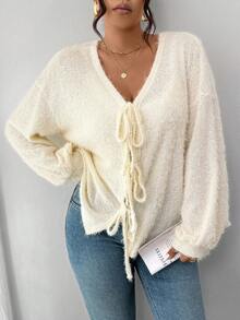Lounesse Plus Size Women Solid Color Knit French Fuzzy Sweater, Bow Tie Front Design, Suitable For Casual, Home, And School Wear, Autumn/Winter - Apricot - View 6