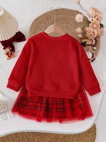 SHEIN Playful Pals 两件套女童红色蝴蝶结装饰上衣和红色格子裙，甜美活泼，引人注目的节日服装 - 紅色 - 查看 2