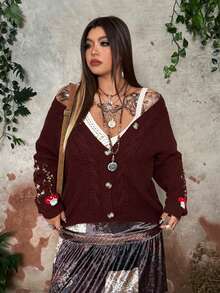 Whyspr Grunge Punk Cottage Plus Size Women Cable Knit Cardigan Sweater With Embroidered Cuffs, Autumn/Winter - Brown - View 3