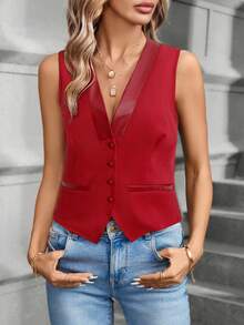 SHEIN Clasi Jaket Blazer Tanpa Lengan Warna Polos Modis untuk Wanita, Cocok untuk Kerja - Merah - View 3