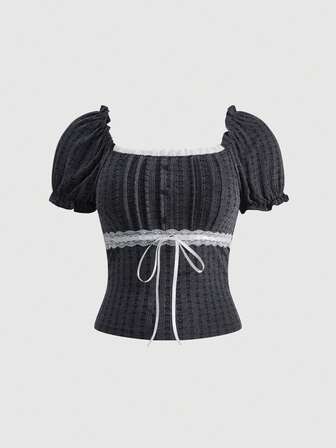 Kawaii Hime Gyaru Süße Puppen Ärmel Strukturierter Stoff Damen Slim Fit T-Shirt