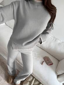 Flirla Women's Casual Dropped Shoulder Long Sleeve Sweater & Pants 2 Pieces Set - Grey - View 3