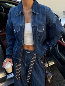 Muchica 女士秋季落肩长袖拉链休闲牛仔外套 - 藍色 - 查看 6