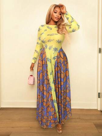 BamGleam Ny trendig damklänning med smal passform och meshtryck, lämplig för semestrar, fester och bröllop