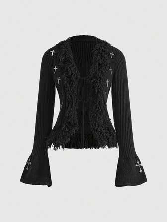 Goth Dark Autumn/Winter Versatile Waist Cinched Tassel Cross Decor Fitted Cardigan For Women