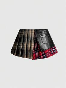 ROMWE Grunge Punk Women's Kpop Asymmetric Hem Plaid Patchwork Skirt - Black - View 2