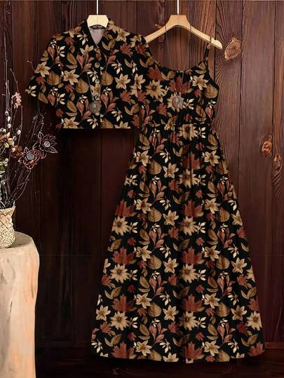 SHEIN Clasi 2pcs Women Leopard Print Dress And Shirt Set Floral Gown Black Floral Dress Autumn Dress
