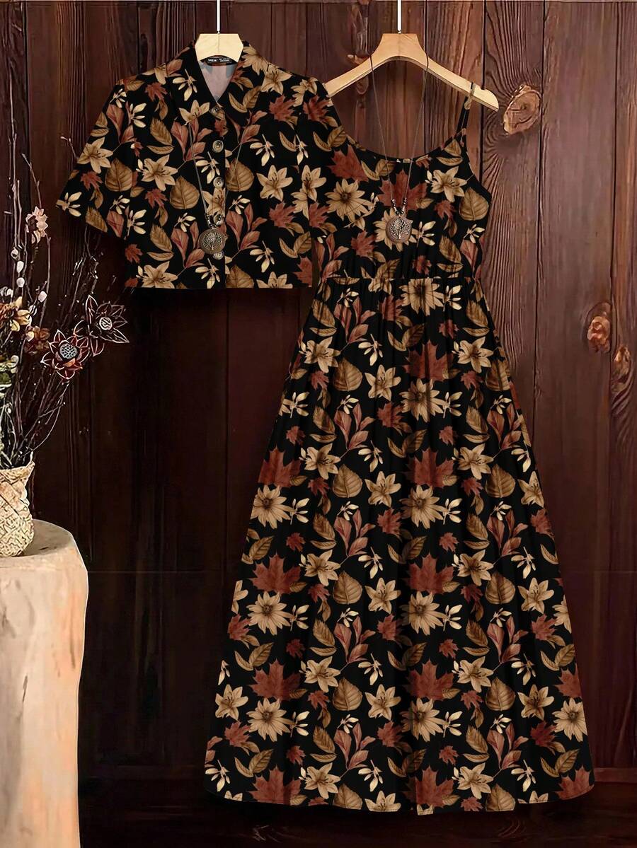 SHEIN Clasi 2pcs Women Leopard Print Dress And Shirt Set Floral Gown Black Floral Dress Autumn Dress - Multicolor - View 1