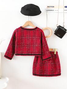 Elladie kids 2pcs/Set Girls Fashionable Wool Blend Jacket & Skirt Set, Red Collegiate Style Lightweight Outerwear For Spring, Autumn & Winter