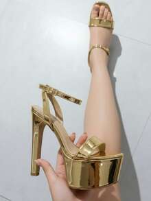 Sandalia para mujer plataforma charol punta redonda correa ajustable tacón súper alto elegante fiesta discoteca sandalia nude - Dorado - Ver 1
