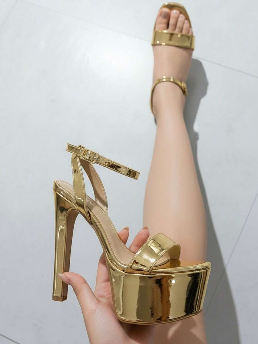 Sandalia para mujer plataforma charol punta redonda correa ajustable tacón súper alto elegante fiesta discoteca sandalia nude - Dorado - Ver 1