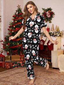 SHEIN 粉色郁金香印花翻领短袖睡衣套装（女款） - 彩色 - 查看 3