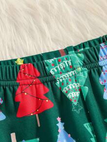 Boys' Comfortable Minimalist Christmas Tree Print Crew Neck Knit Fabric Long SleeveSnug Fitt Pajama Set - Green - View 4
