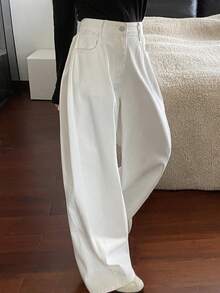 DAZY Jeans de pierna ancha de unicolor con bolsillo plisado y plegado para mujer - Blanco - Ver 5