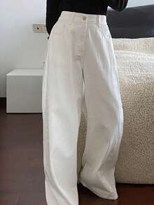DAZY Jeans de pierna ancha de unicolor con bolsillo plisado y plegado para mujer - Blanco - Ver 6
