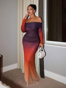 SHEIN SXY 优雅性感露肩渐变网纱连衣裙 - 彩色 - 查看 1