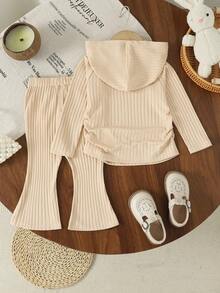 女婴轻便时尚运动连帽长袖上衣和喇叭裤套装，秋冬季 - 卡其色 - 查看 2