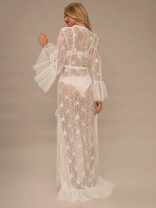 Enchnt Áo choàng ren mỏng trang trí lưới chắp vá dành cho nữ - trắng - Xem 7