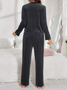 Velvet Women's Cardigan Long Sleeve Pajama Set, Fall & Winter Clothes - Dark Grey - View 2