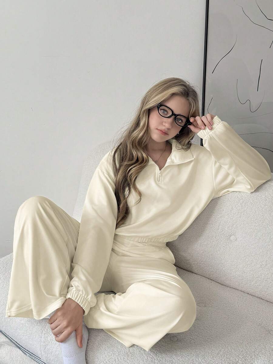 2-teiliges Set: Damen & Teenager Mädchen unifarbener Crop Sweatshirt mit Stehkragen und Langarm + weite Schlupfhose Set, lässige Sportkleidung, minimalistisch & elegant