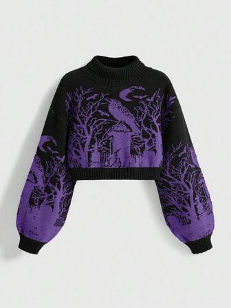 Goth Gotischer, dunkel-hochgeschlossener, warmer Raben-Friedhof-Mond-Fledermaus-Zweig-Jacquard-Schwarz-Laternen-Ärmel Damen Pullover