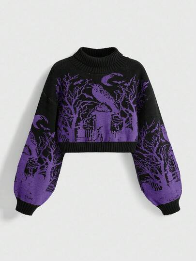Goth Pull pour femmes à manches lanternes noires, col montant, motif jacquard avec corbeau, lune, branche et chauve-souris dans un style gothique sombre