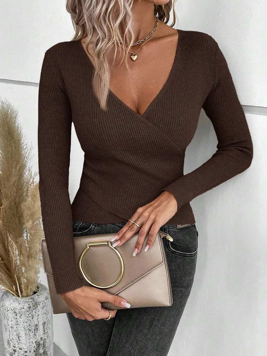 SHEIN Clasi كنزة صوفية نسائية بلون أحادي ذات رقبة على شكل V طويلة الأكمام ضيقة الجسم، خريف/شتاء