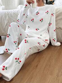SHEIN Women's Autumn/Winter Cozy Cherry Print Crew Neck Long Sleeve Top & Pants Pajama Clothes Set , Fluffy - Multicolor - View 1