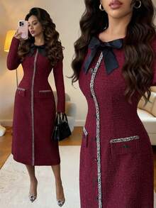 Elenzga 女式秋冬针织修身圆领插肩袖束腰A字形仿口袋蝴蝶结装饰优雅休闲圣诞派对节日中长连衣裙 - 深紅色 - 查看 1