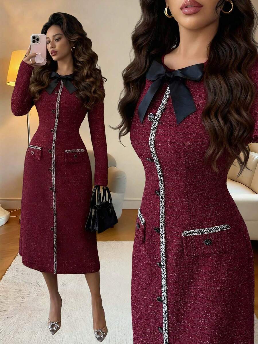 Elenzga 女式秋冬针织修身圆领插肩袖束腰A字形仿口袋蝴蝶结装饰优雅休闲圣诞派对节日中长连衣裙 - 深紅色 - 查看 1