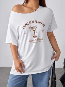 Flirla Plus Size Women's Loose Espresso Martini Graphic Asymmetrical Neck Short Sleeve Plus Size T-Shirt, White, For Summer