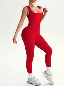 SHEIN Dewbera 女士纯色无袖修身连体裤 - 紅色 - 查看 5