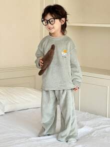 Dazy Kids 2pcs Kids Fall Outfit, Boys Cute Embroidered Fleece Crew Neck Long Sleeve Top And Pants Pajama Set - Green - View 7
