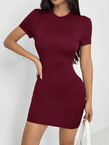 SHEIN PETITE 女士休闲纯色罗纹针织修身迷你连衣裙 - 酒紅色 - 查看 7