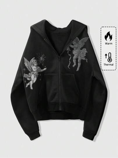 ROMWE MEN Street Life Herr Street Fashion Angel Graphic Zip-Up Hoodie, Höst/Vinter, Långärmad Topp