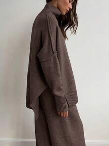 Cévolie 2pcs/Set Women Solid Color Stand Collar Long Sleeve Top And Long Pants Sweater Set