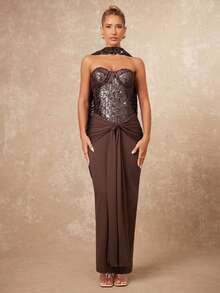 Lumalex 秋冬季亮片装饰无肩带束腰拼接围巾披肩连衣裙,棕色正式礼服,巧克力棕色连衣裙,束身连衣裙,优雅棕色连衣裙,高贵优雅的棕色婚礼宾客礼服,奢华舞会聚会派对宴会,低调奢华的复古闪亮假日派对狂欢节郊游度假热门户外丰富层次婚礼季宴会ID Al-Adha Al-Adha派对新年派对造型秋季派对礼服,女士优雅连衣裙 - 咖啡棕 - 查看 7