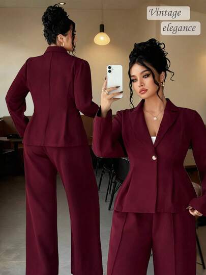 Elenzga Set elegant de sacou vintage francez romantic cu rever slim fit, la modă pentru toamnă/iarnă
