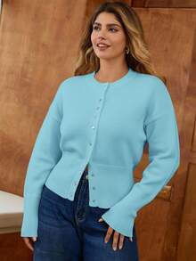 Elaquor Plus Size Solid Color Round Neck Front Button Casual Long Sleeve Cardigan/Winter - Dusty Blue - View 6