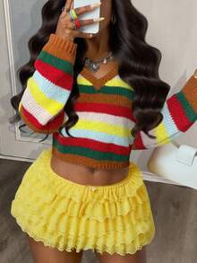 SHEIN Slayr 冬季新款，圣诞节，新年，婚礼季，情人节，生日派对，毕业季，日常出行，基础款，百搭款，休闲度假，邮轮旅行，休闲优雅，通勤，街头欧式风，简约风，节日V领长袖彩虹条纹毛衣 - 彩色 - 查看 1